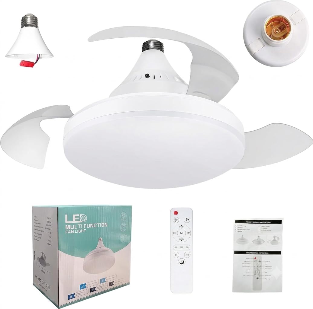 Ventilatore da Soffitto con Luce E27 40cm, Adattatore E27 Incluso, Lampada Ventilatore LED Silenzioso 20-30dB con Telecomando, Dimmerabile 12 Livelli & 3 Colori, Timer 2h/4h, per Camera Cucina 15-20m²