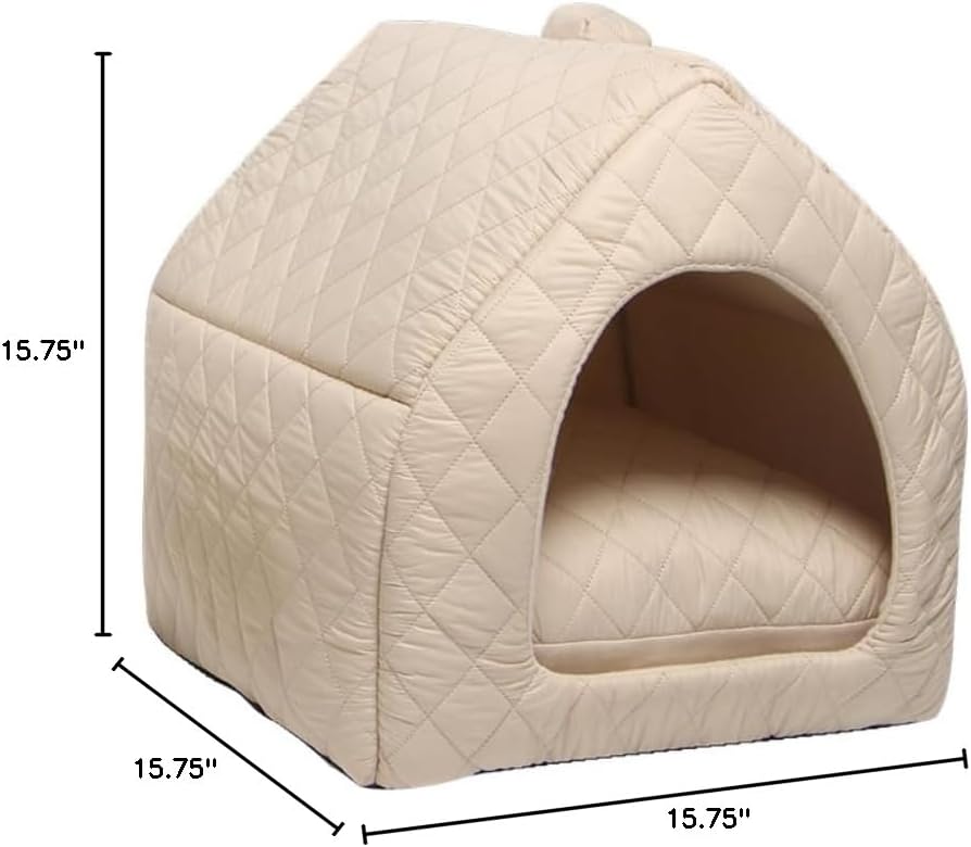 2-in-1 Indoor Cat House & Bed - Cozy Animal Cave & Tent for Large Cats & Small Dogs, Removable Washable Pillow Cushion Included(Khaki)