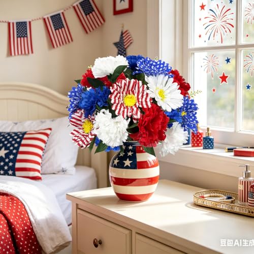 Image of 20 Stems Red White and Blue Flowers Artificial 13 inch Mixed Patriotic Dasiy Flower Silk Bouquet for Memorial 4th of July Independence Day Centerpiece Table Home Decor Cemetery Grave Decor(No Vase)