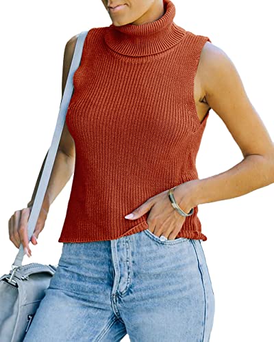 Image of Womens Sleeveless Sweater Vest Turtleneck Ribbed Knit Tank Tops Basic Slim Fit Top