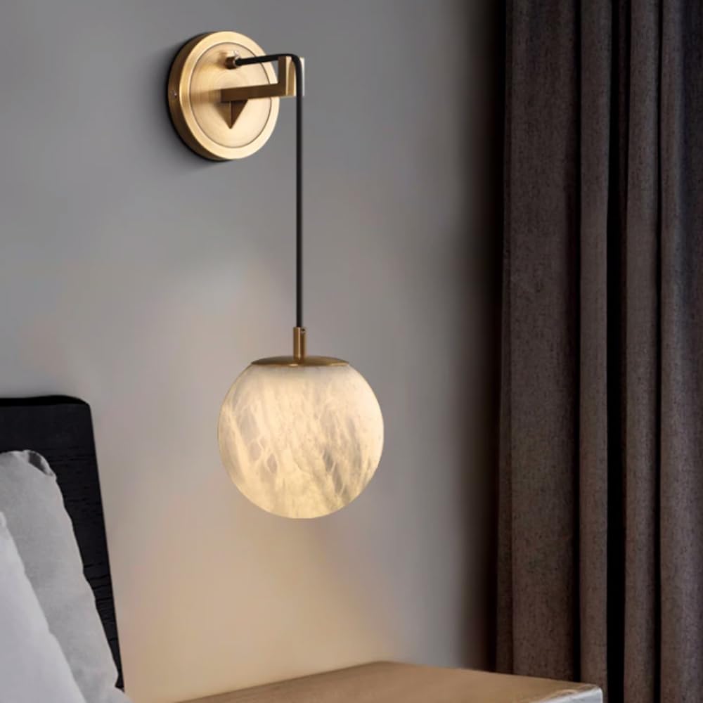 LDCBFTR Alabaster Wall Sconce Modern Spanish Marble Wall Lamp Gold Bathroom Sconces Wall Lighting with Globe Natural Stone Wall Hanging Light Fixture Interior Marble Lighting for Stair Vanity Hallway