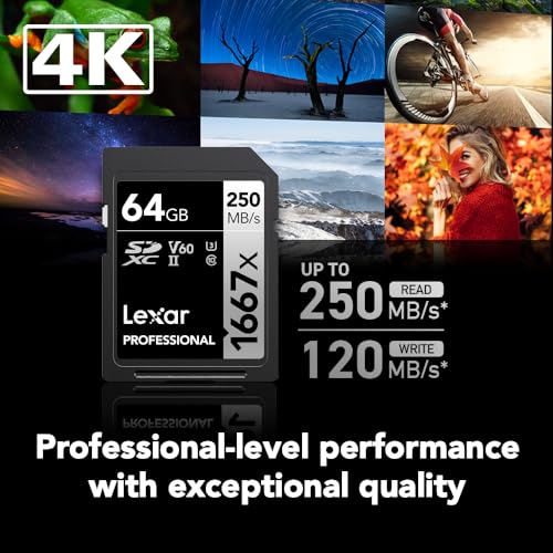 Lexar 64GB (2-Pack) Professional 1667x SD Card, UHS-II, C10, U3, V60, Full HD, 4K, Up To 250MB/s Read SDXC Memory Card, for Professional Photographer, Videographer, Enthusiast (LSD64GCBNA16672)