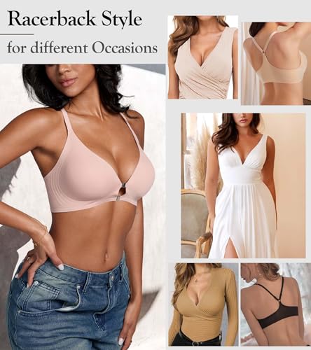 Image of DEANGELMON Front Closure Bras for Women Racerback Bra No Underwire Seamless Push Up T-Shirts Bras Supportive Womens Bralettes