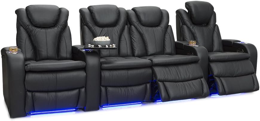 Barcalounger Solaris Leather Power Recline Home Theater Seating Chairs (Row of 4 w/ Center Loveseat, Black)