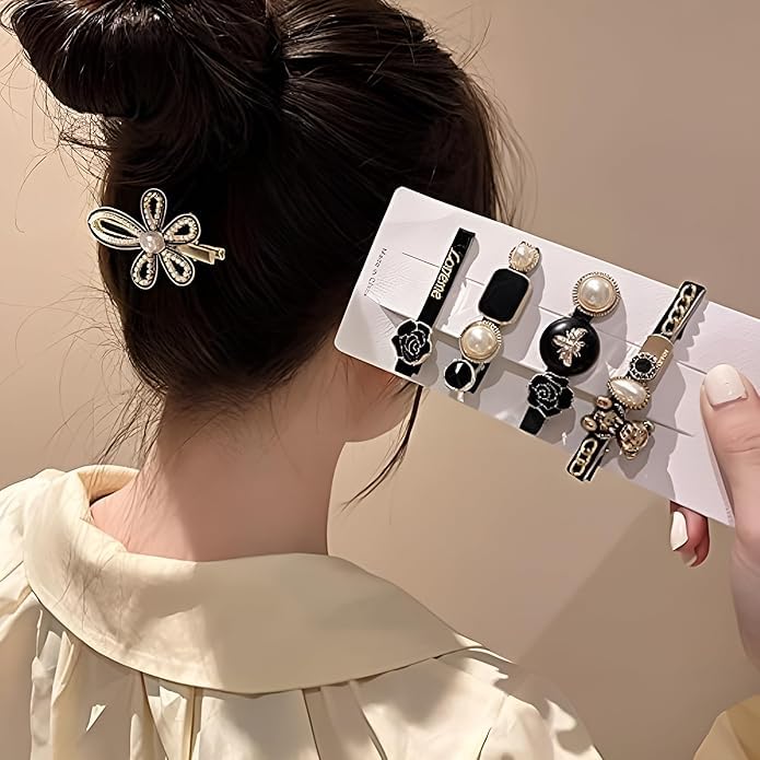 MURTISIDDH Latest Korean Fancy Bling Pearl Hair Clips Lock Hair Clip Pin Mini Clutcher Hair Accessories Set For Women Girls Girlfriend Ladies Long Short Hair Elegant(BLCKS,5PCS) 2