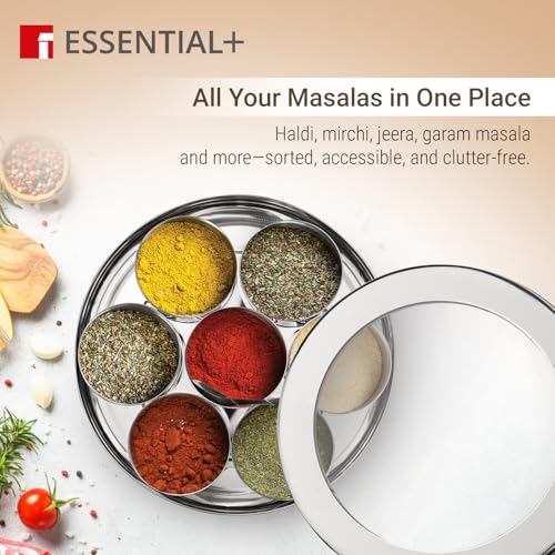 Image of BERGNER Essential Plus 7 in 1 Stainless Steel 21.5cm Masala Dabba with 7 Container 1 Spoon and See Through Glass Lid, Spice Box /Masala Dani /Container for Kitchen, 100% Food Safe, Easy to Clean