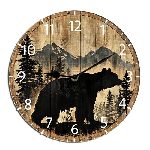Horienteeon Horloge Murale Ours de Chalet Forêt Animaux Sauvages Chalet de Montagne Bois à Piles Sans Tic-tac Horloges Silencieuses Salon Décoratif...