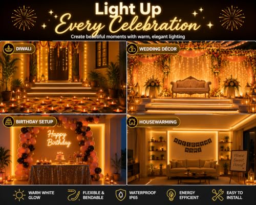 Image of Quace 5M Neon LED Strip Light Warm White, Flexible Silicone Rope Light, IP65 Waterproof, Cuttable LED Strip for False Ceiling, Bedroom, Home Decor, Shop Signage, Party & Diwali Decoration