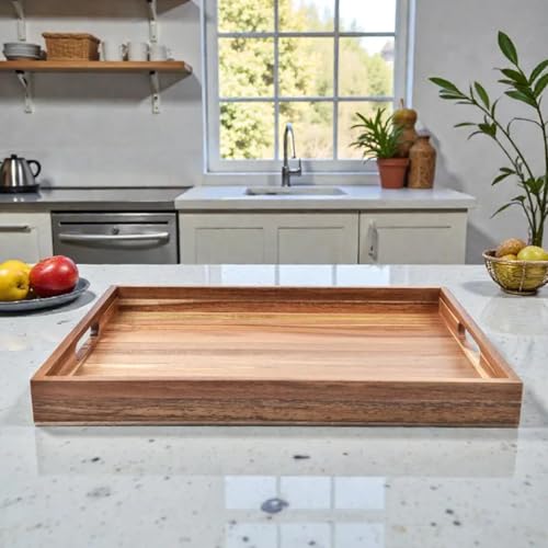 Image of Decor Square Shape Wooden Serving Tray, 14 x 10 x 2 Inch, 1 Pcs, Brown