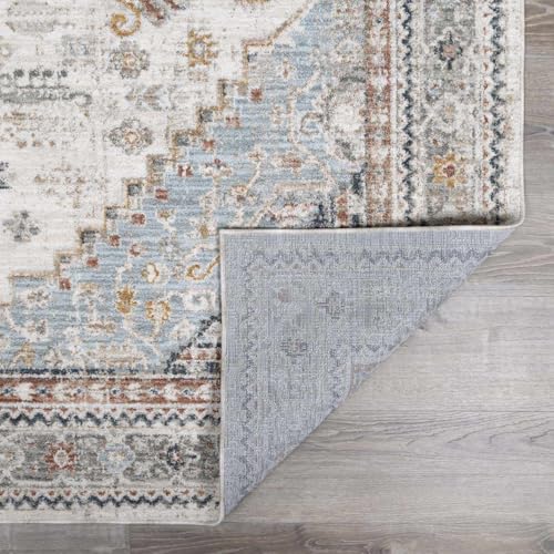 Image of Hauteloom Balfour Hallway, Kitchen Runner Rug - Medallion Geometric Border Floral Diamond - Traditional Oriental Transitional Oushak Turkish - Natural Gray, Cream, Gray, Beige, Blue - 2'7 inch x 7'3 inch