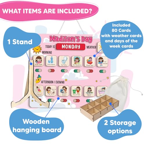 Image of Personalized Wooden Chore Chart for Kids, Daily Routine Chart for Toddlers, Visual Schedule for Kids Age 3-5, Morning Bedtime Routine for Girls (03)