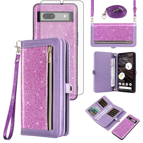 Coque Pixel 7A 5G anti-perte avec porte-cartes zippé et vitre de protection