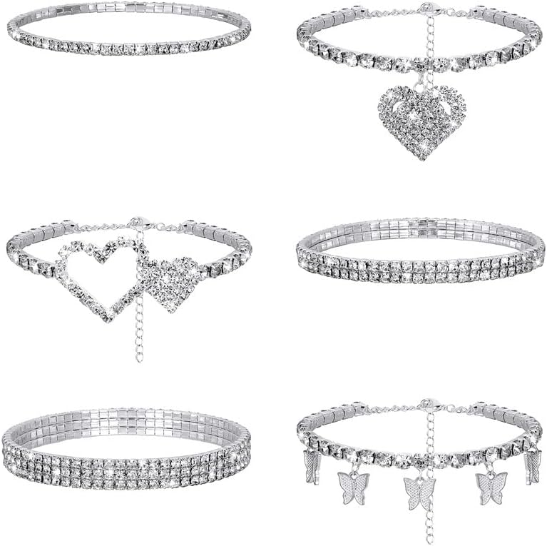 Laumoi 6 Pcs Ankle Bracelets for Women Christmas Rhinestone Stretch Anklet Heart Ankle Bracelets Anklet Jewelry Crystal Foot Chain(Silver, Heart Style)