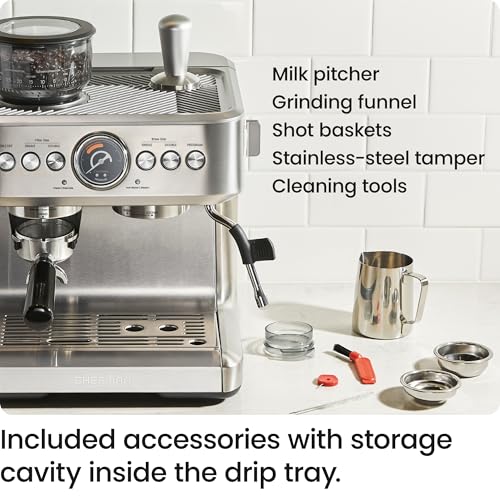 Chefman Crema Supreme 15 Bar Espresso Machine with Milk Frother, Barista Steam Wand, Professional Coffee Maker with Coffee Grinder, 30 Grind Settings, 3L Removable Water Tank - Stainless Steel - Image 6