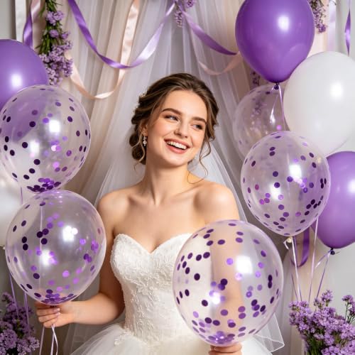 Image of 100pcs Purple Confetti Balloons 12 Inch Clear Latex Balloon with Purple Confetti Inside for Balloon Garland or Arch Birthday Anniversary Graduation Engagement Wedding Party Decorations