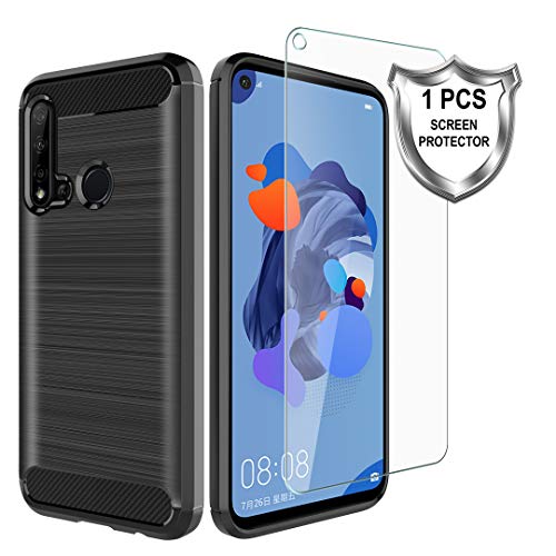 MP-MALL Funda para Huawei P20 Lite 2019,[Anti-Huella Digital][Slim Fit] Carcasa Protectora Cepillada TPU Suave Cover con Vidrio Templado Screen Protector[1 Pack] para Huawei P20 Lite 2019 - Negro