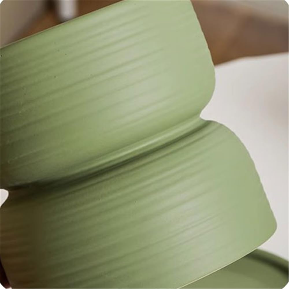Doniczka na rośliny, zielona ceramiczna doniczka na kwiaty, okrągła donica z poziomymi paskami, ze spodkami, tacą i otworami drenażowymi, pojemnik na rośliny, na balkon, do salonu, kuchni