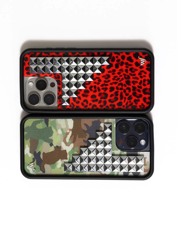 Image of Wildflower Cases - Compatible with iPhone 16 Pro Max | Protective Black Bumper, 6.5ft Drop Test Certified, Women Owned Small Business | Red Leopard Original Silver | Stud Pyramid Collection - Red Meow