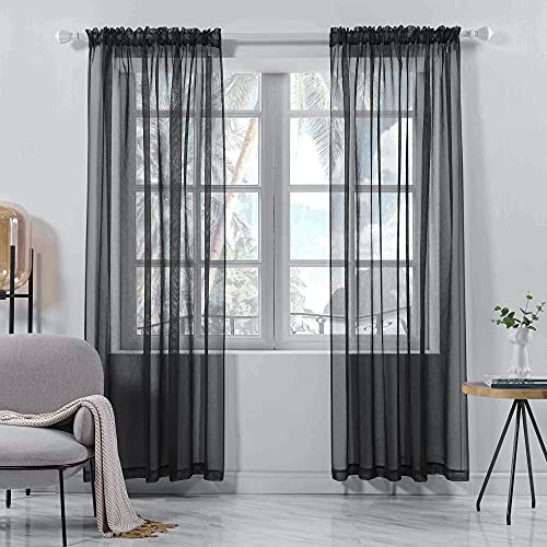 Semi Sheer Curtains Black 84 Inch Length Rod Pocket Sheer Faux Linen Curtains Drapes for Bedroom Living Room Wedding Party Decor 2 Panels Each is 52WX84L