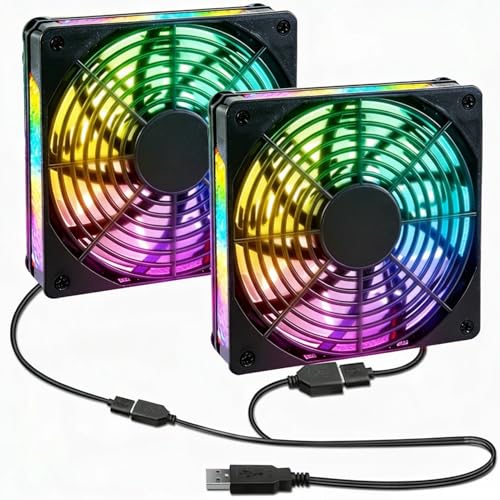 Silkwish Lot de 2 ventilateurs USB 120 mm 5 V avec LED colorées - Double ventilateur pour boîtier PC - Ventilateur USB silencieux pour ordinateur, radiateur,...