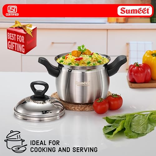 Image of Sumeet ISI Certified Stainless Steel Cook & Serve Pineapple Shape Handi /Cooking Pot with Steel Lid |Induction and Gas Compatible | Capacity - 2000ml -Dia - 17cm, Silver