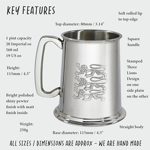 Wentworth Pewter - Three Lions 1 Pint Pewter Tankard