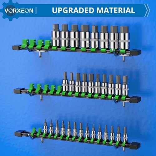 VORXEON 3PCS Socket Organizer Holder 1/4 Drive X 16 Clips, 3/8 Drive X 15 Clips, 1/2 Drive X 12 Clips ABS Kunststoff Aufsteckschienen Set Für Werkzeugkastenschublade Grün