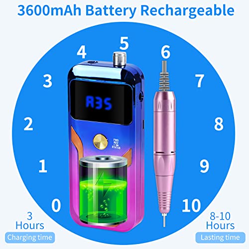 Portable Nail Drill Professional 35000 RPM, MOCOWIND Rechargeable Electric Nail File Machine E File for Acrylic Gel Polishing Removing, Cordless E-File with Bits Kit for Manicure Salon Home, Purple - image 5