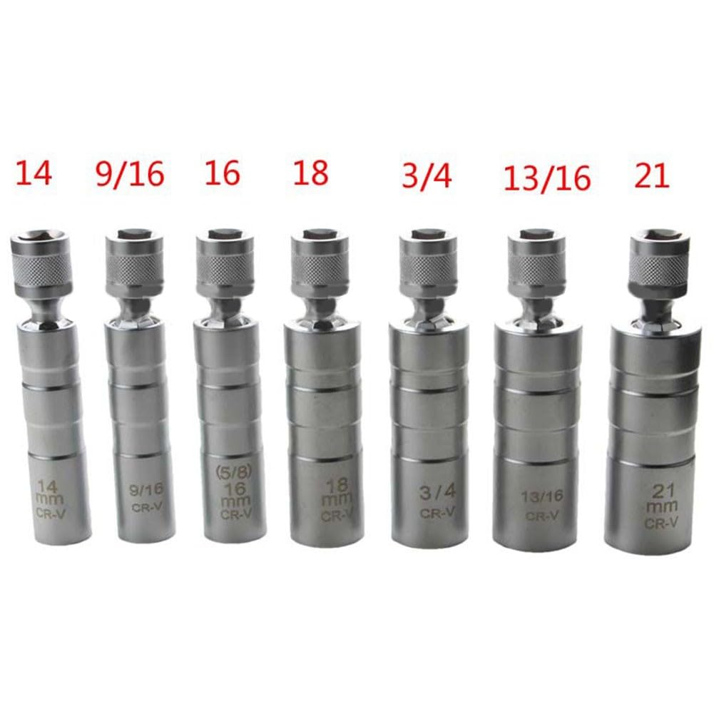 Juego de 7 llaves de bujía de 3/8 pulgadas con llaves de vaso de 14 mm, 16 mm, 18 mm, 21 mm, 9/16 13/16 3/4 para reparación de automóviles, construcción de acero, caja de almacenamiento