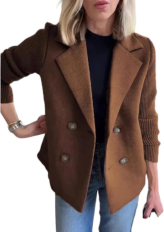 CHARTOU Women's Cropped Wool Blend Coat Fall Knit Sweater Blazer Notch Lapel Double Breasted Pea Coat Jacket