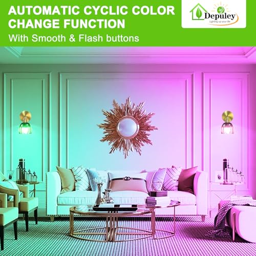Image of Depuley Battery Operated Wall Sconce: Set of 2 Wireless Wall Lights with Tulip Glass Lampshade for Bedroom - Rechargeable 15 Colors Gold Wall Lamp for Living Room Doorway Home Decor - Green