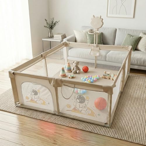 Image of Baybee 200 x 180 CM Kids Playpen for Babies with Basket Ball Hoop | Baby Play Area Indoor Setup with Colourful Balls, Zipper Door & Toys Pouch | Kids Activity Play Gate Fence with Corner Protection | Outdoor play pen for baby for 0 - 5 years Boys Girls (Beige)