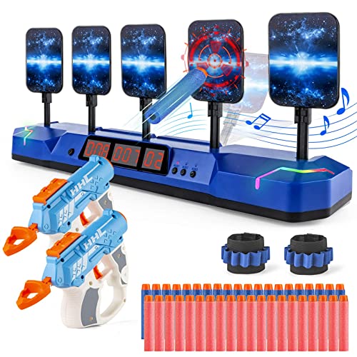 Shooting Target for Boys with 2 Blaster Guns, for 5 6 7 8 9 10 Years Old Boys Gifts, 40 Refill Darts 5 Shoot Targets Electronic Scoring Reset for Shooting Game, Compatible with Nerf Toy Guns for Boys