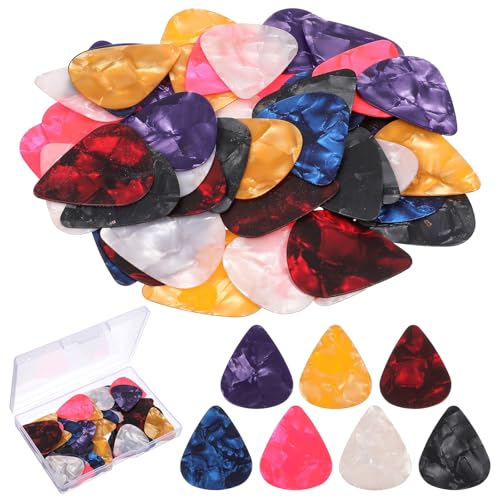 Lnngub 50 Stück Plektren Plektrum, Zelluloid Guitar Plektren mit Box Bunte Zelluloid Gitarrenplektren Gitarrenplektren Gitarrenzubehör für Akustikgitarre, E-Guitar, Ukulele, Bass, Guitar Picks