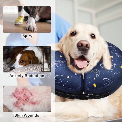 Image of SCENEREAL Dog Cone Alternative After Surgery Donut Collar, Soft Pet Recovery Pillow Collar for Medium Large Dogs, Inflatable Adjustable Neck Collars to Prevent Licking, Planet Print E-Collars M