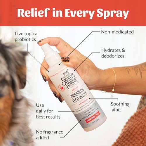 Image of SKOUT'S HONOR Probiotic Itch Relief Spray for Dogs, 8 oz | Natural, Vegan, Non-Medicated Microbiome-Friendly Formula for Long-Lasting Relief, with Soothing Aloe and Avocado Oil