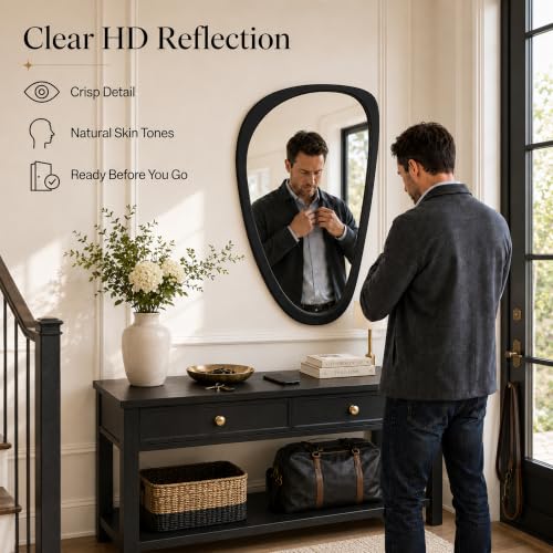 Image of Solid Wood 30x20 Matte Black Organic Irregular Wall Mirror Decor | Bold black finish and asymmetrical shape add clean contrast to modern powder rooms, small bathrooms, entryways, hallways.
