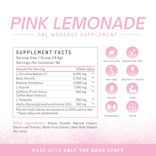 Image of Pre-Workout Powder, All Natural Pre Workout for Energy, Pump, Endurance & Strength, with Caffeine (Pink Lemonade)