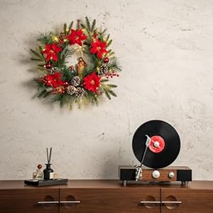 YULETIME 20" Pre-Lit Nativity Wreath, Battery Operated with 10 Fairy Lights, Holy Family Nativity Statue, Star of Bethlehem, Pine Cones, Red Poinsettia & Berries, Pine Needles (Nativity Poinsettia) YULETIME 20 Pre Lit Nativity Wreath Battery Operated with 10 Fairy Lights Holy Family Nativity Statue Star of Bethlehem Pine Cones Red Poinsettia Berries Pine Needles Nativity Poinsettia