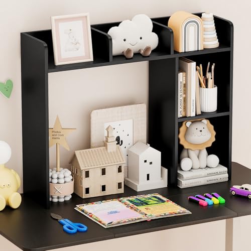 Image of Tangkula Desktop Bookshelf, Countertop Storage Hutch with Shelves for Computer Desk, Desk 3-Tier Display Rack, Multipurpose Wood Desktop Hutch Storage Organizer for Dorm Office (Black,5 Shelves)