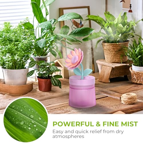 Cute Flower Mini Humidifier, 260ml Sunflower Desktop Humidifiers for Bedroom, Portable Small Cool Mist Humidification for Home, Baby Nursery, Office & Indoor Plants, USB Powered (Purple)