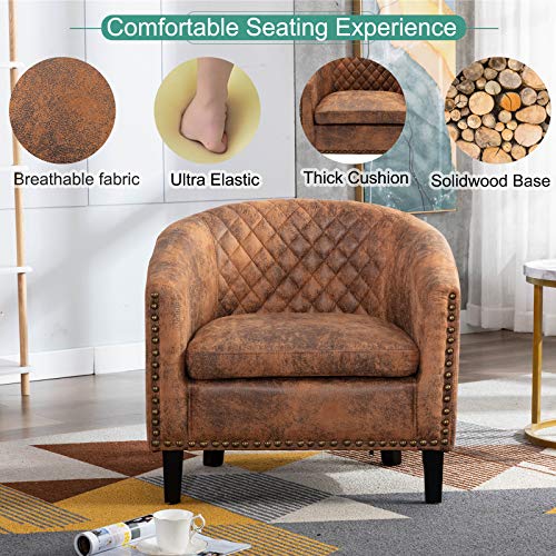 Goujxcy Club Style Barrel Armchair For Living Room, Cozy Modern Microfiber Accent Chair Tub Barrel Chair With Nailhead And Solid Wood Legs For Bedroom/Study/Waiting Room, Brown #TOP5