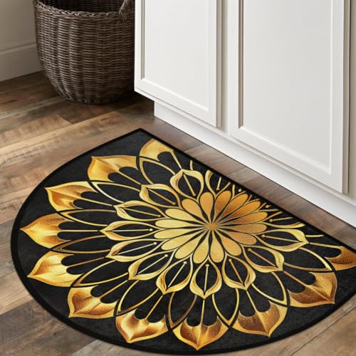 Image of Half Round Doormat Mandala Ethnic Gold Florals Non Slip Half Circle Area Rugs Indoor Washable Half Moon Rug Semi Circle Bathroom Runner Mat Entrance Floor Carpet for Kithen Bedroom Fireplace Decor