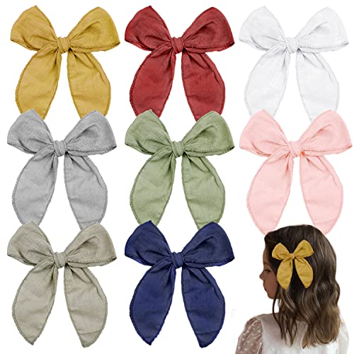 8 Pieces Large Fable Hair Bows Cotton Linen Hair Bow Clips For Girls Toddler Bows Pink Bow Neutral Handmade Hair Accessories Hair Bows For Toddler Baby Kids Girls Women (Morandi Color) #TOP22