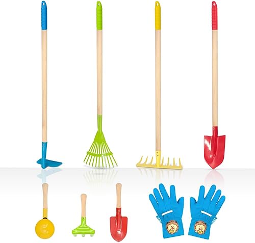 Altdorff Juego de rastrillo y pala para niños de 8 piezas, juguetes de patio para niños de 3 a 11 años, incluye rastrillo largo colorido, pala,