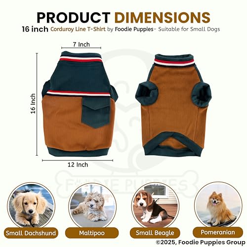 Image of Foodie Puppies Corduroy Line Velvet Pocket T-Shirt Warm Sweater Jacket - (16 inch, Tale & Brown) for Small Dogs | Soft, Lightweight Pet Apparel with Stylish, Comfortable, Durable & Stretchable Outfit