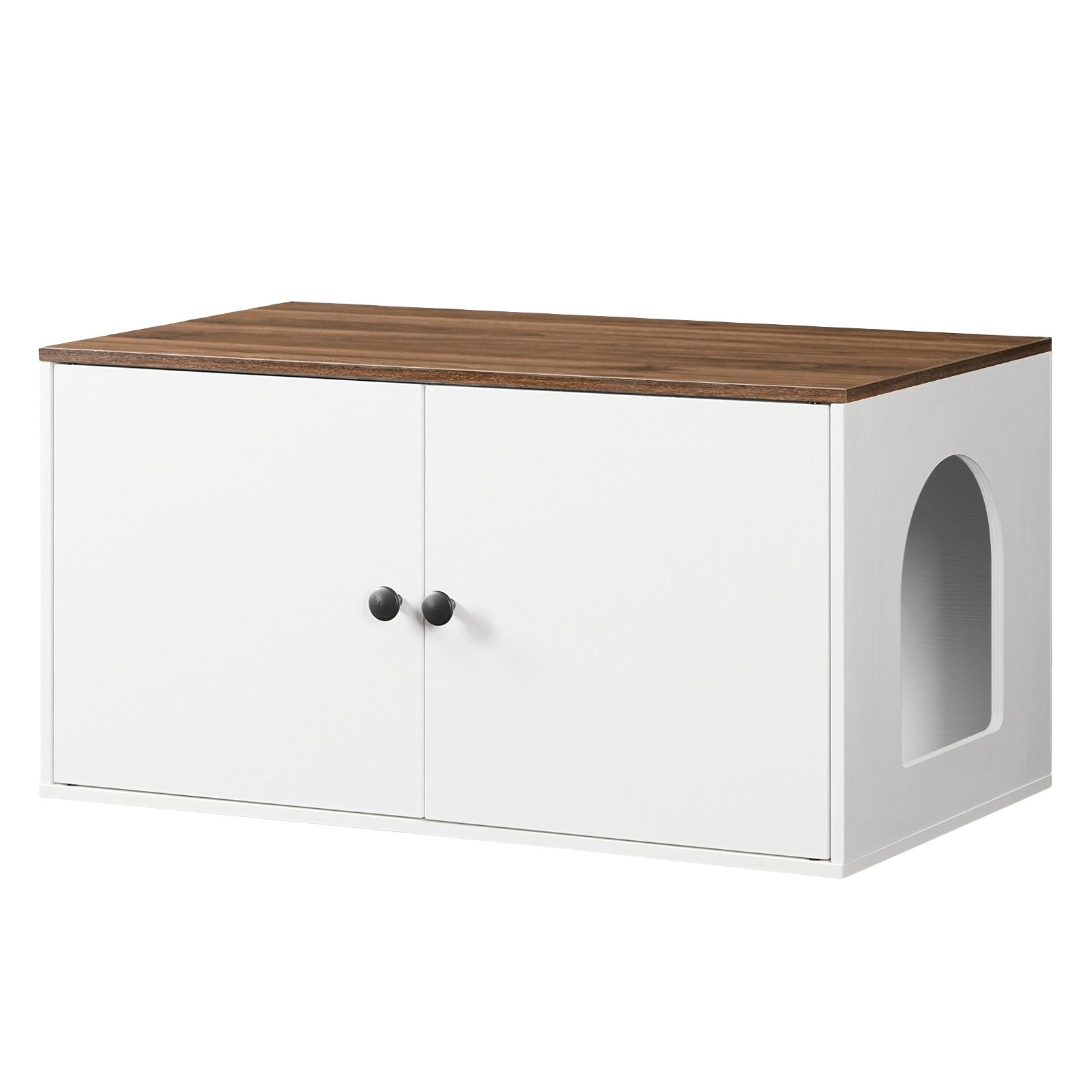 HOOBRO Katzenklo Schrank aus Spanplatte, Katzentoilette Schrank, versteckter Katzenkloschrank mit Seiteneingang, Haustiermöbel für den Innenbereich, Beistelltisch, Weiß und Walnuss EWH40MW01