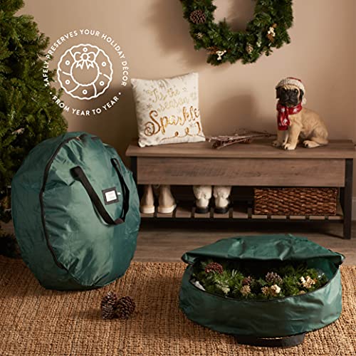 Image of ZOBER 2 Pack Oxford Christmas Wreath Storage Container 24 Inch - Wreath Bag for Artificial Wreaths Box - Waterproof Fabric, Dual Zippered Wreaths Storage Bag With Strong Durable Handles - Green