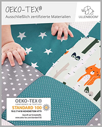 ULLENBOOM ® kruipdeken l speeldeken in de maten 120x120 cm, ideaal speelkleed voor in de box I bosdieren petrol - Afbeelding 3