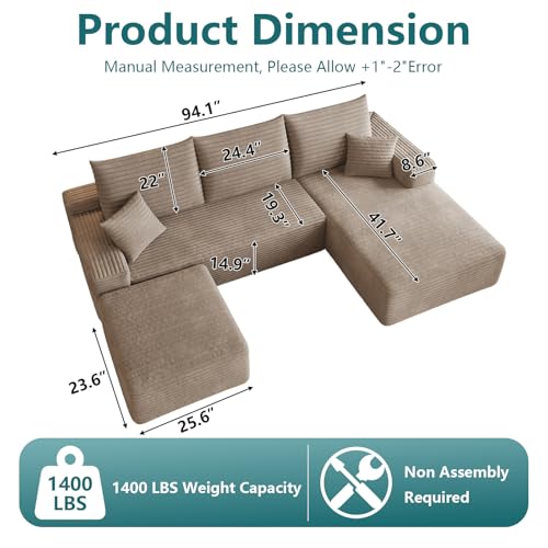 Image of 95 inch U-Shape Cloud Couch, Modern Modular Sectional L-Shape Sofa with Ottoman, Corduroy Upholstered Couches Deep Seat Sleeper Chaise Longue for Living Room, No Assembly Required(Camel, Right Facing)